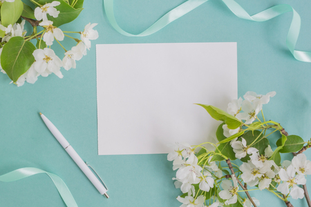 Mockup white greeting card with white spring flowers and light blue backgroundの写真素材