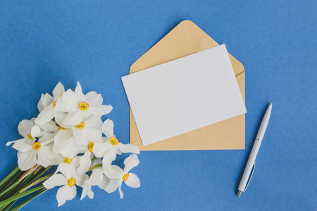 Mockup white greeting card  and envelope with white daffodils flowers and blue backgroundの写真素材