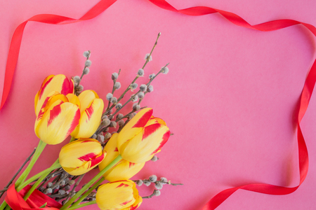 Yellow tulips and willow branches on a pink background empty space for your text, top viewの写真素材