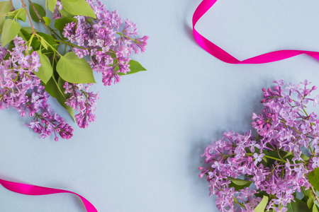 Lilac branches on a light blue background empty space for your text, top viewの写真素材