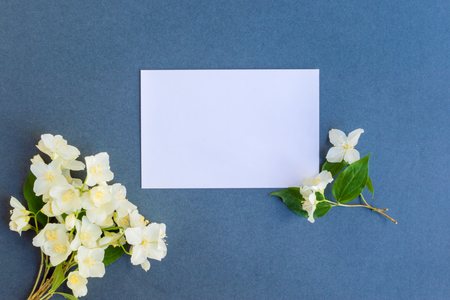 Mockup white greeting card with white jasmine flowers and dark backgroundの写真素材