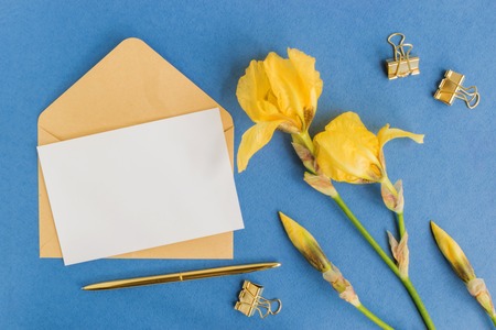 Mockup white greeting card and envelope with iris flowers and light backgroundの写真素材