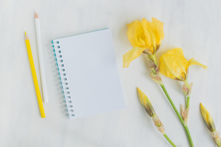 Mockup notebook with iris flower and light background empty space for your text, top viewの写真素材