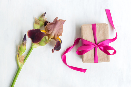 Gift box with iris flower on white backgroundの写真素材