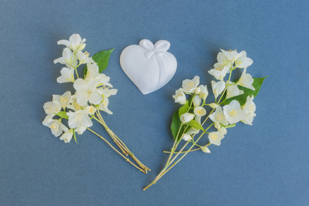 White jasmine flowers on a dark background empty space for your text, top viewの写真素材