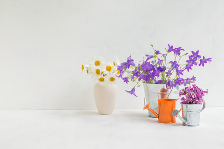 Home interior and garden concept with summer flowers in a metal bucket on a light backgroundの写真素材