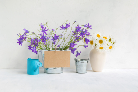 Home interior and garden concept with summer flowers in a metal bucket on a light backgroundの写真素材