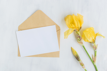 Mockup white greeting card and envelope with iris flowers and light backgroundの写真素材