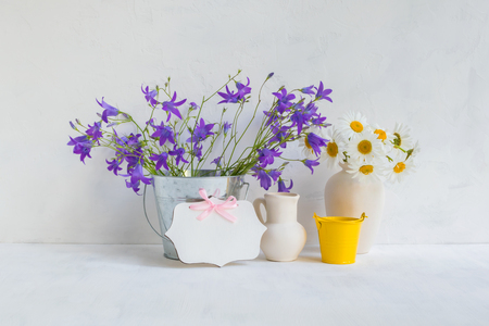 Home interior and garden concept with summer flowers in a metal bucket on a light backgroundの写真素材