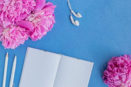Flat lay desk with pink peonies on a blue backgroundの写真素材