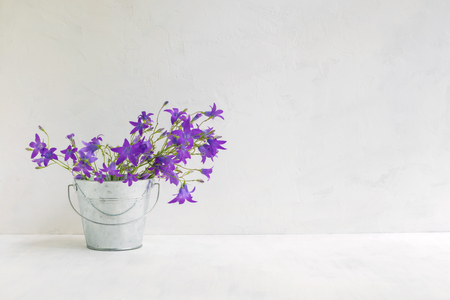 Summer flowers in a metal bucket on a light background. Interior decorの写真素材