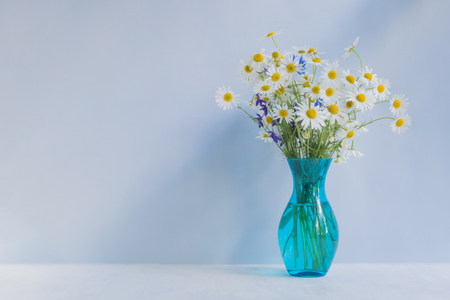 Summer flowers in a vase on a blue background. Interior decorの写真素材