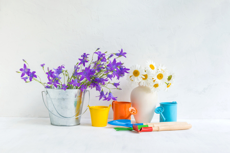 Home interior and garden concept with summer flowers in a metal bucket and garden tools on a light backgroundの写真素材