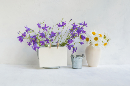 Home interior and garden concept with summer flowers in a metal bucket on a light backgroundの写真素材