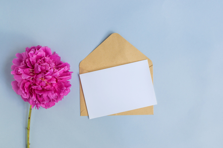 Mockup white greeting card and envelope with pink peony on a light blue backgroundの写真素材