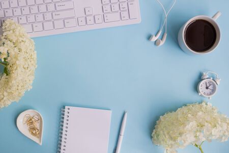 Blogger or freelancer workspace with notebook and white flower hydrangea on blue background