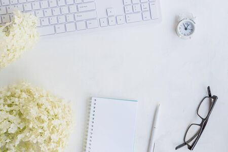 Blogger or freelancer workspace with notebook and white flower hydrangea on light backgroundの写真素材