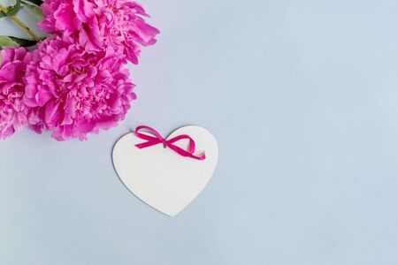 Pink peonies on a light blue background empty space for your text, flat layの写真素材