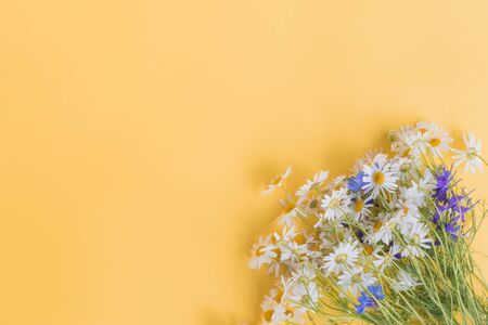 Bouquet of summer flowers on a yellow background. Top view, flat layの写真素材