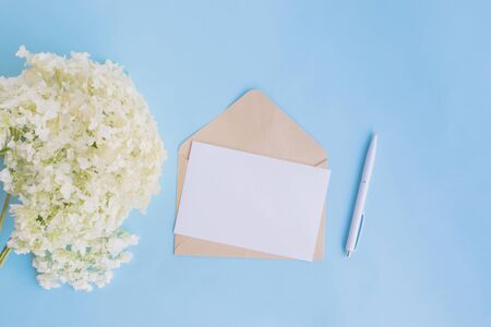 Mockup white greeting card and envelope with white flower hydrangea on a blue backgroundの写真素材