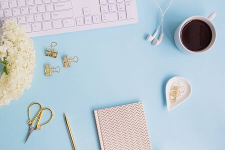 Blogger or freelancer workspace with notebook and white flower hydrangea on blue backgroundの写真素材