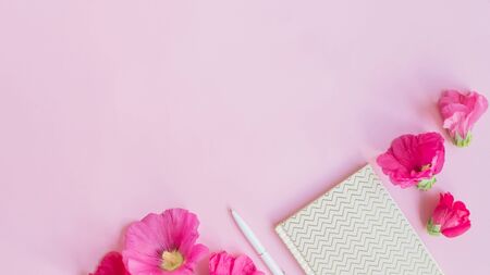 Blogger or freelancer workspace with notebook and pink flowers on pink backgroundの写真素材