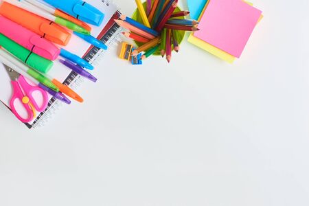 School supplies frame on a light backgroundの写真素材