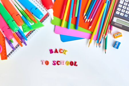 School supplies frame on a light backgroundの写真素材
