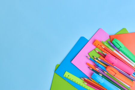 School supplies frame on a blue backgroundの写真素材