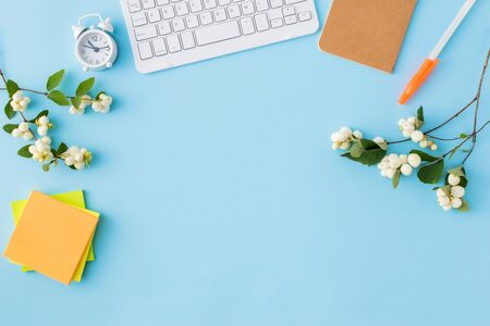 Flat lay desk and branch with green leaves on a blue backgroundの写真素材