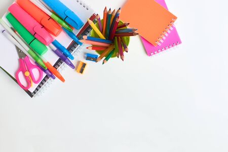 School supplies frame on a light backgroundの写真素材