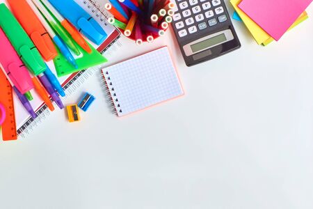 School supplies frame on a light backgroundの写真素材