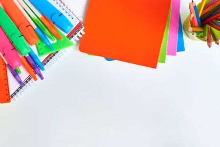 School supplies frame on a light backgroundの写真素材