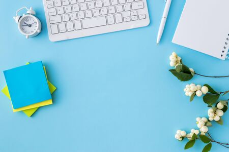 Flat lay desk and branch with green leaves on a blue backgroundの写真素材