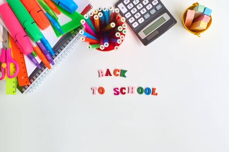 School supplies frame on a light backgroundの写真素材