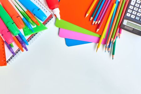 School supplies frame on a light backgroundの写真素材