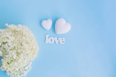 White flower hydrangea and white hearts on a blue background with letters loveの写真素材