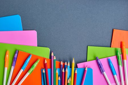 School supplies frame on a dark backgroundの写真素材