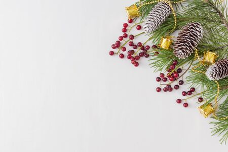 Holiday background with christmas branches and decoration on a light backgroundの写真素材