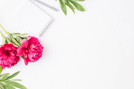 Flat lay blogger or freelancer workspace with a notebook, red peonies on a white backgroundの写真素材