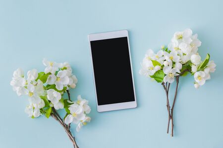 Mockup white smartphone with spring white flowers on a blue backgroundの写真素材