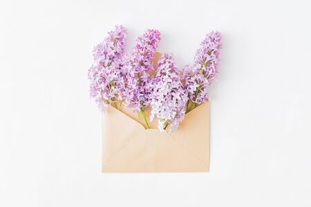 Mockup greeting card, envelope with branches of lilac on a white backgroundの写真素材