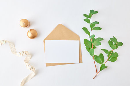Mockup white greeting card and envelope with branches with green leaves on a light backgroundの写真素材