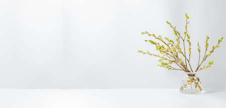 Home interior with easter decor. Willow branches in a glass vase on a light backgroundの写真素材
