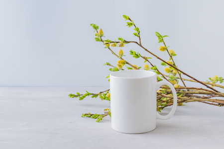 White cup mockup with a willow branch on a gray backgroundの写真素材