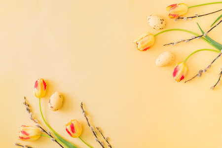 Flat lay easter composition with yellow tulips and eggs on a yellow backgroundの写真素材