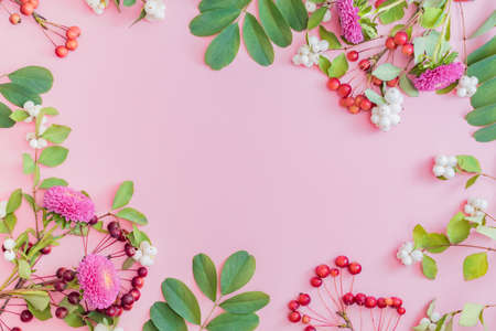 Flat lay autumn composition with green leaves, flowers and small red apples on a pink backgroundの写真素材