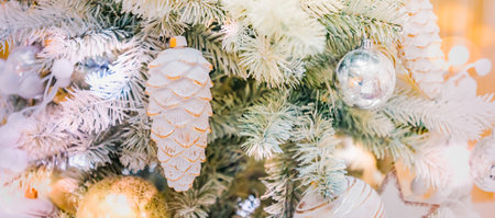 Festive panorama with christmas tree, decorations and garlandsの写真素材