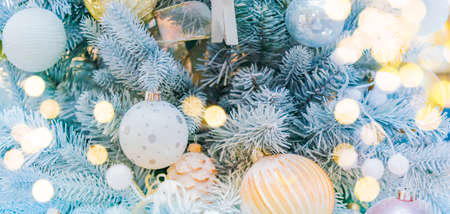 Festive panorama with christmas tree, decorations and garlandsの写真素材