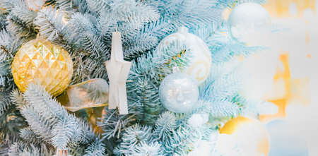 Festive panorama with christmas tree, decorations and garlandsの写真素材